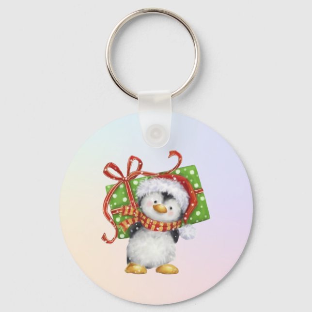 Chaveiro Pinguim de Natal Festivo com Presente - Deco de Fé (Frente)