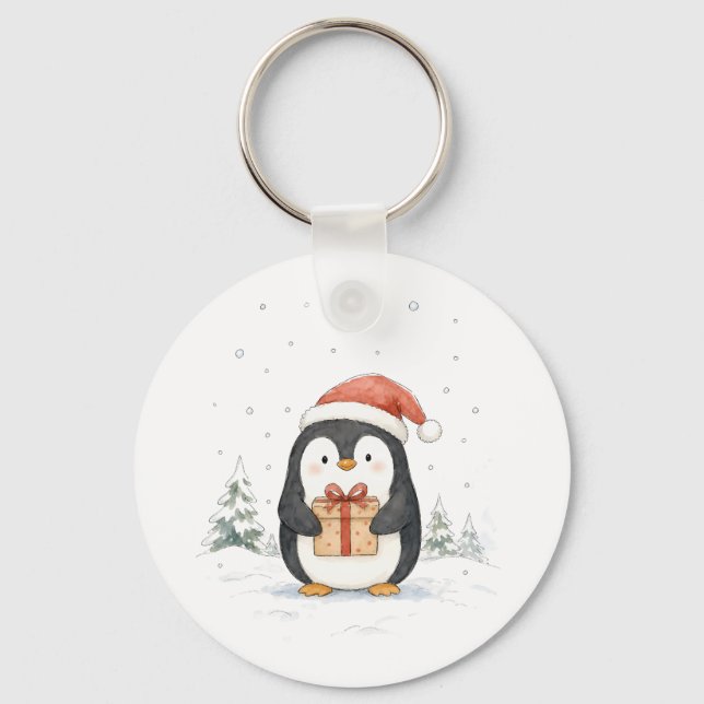 Chaveiro Pinguim de Natal Fofo com Presente e Chapéu de Pap (Frente)