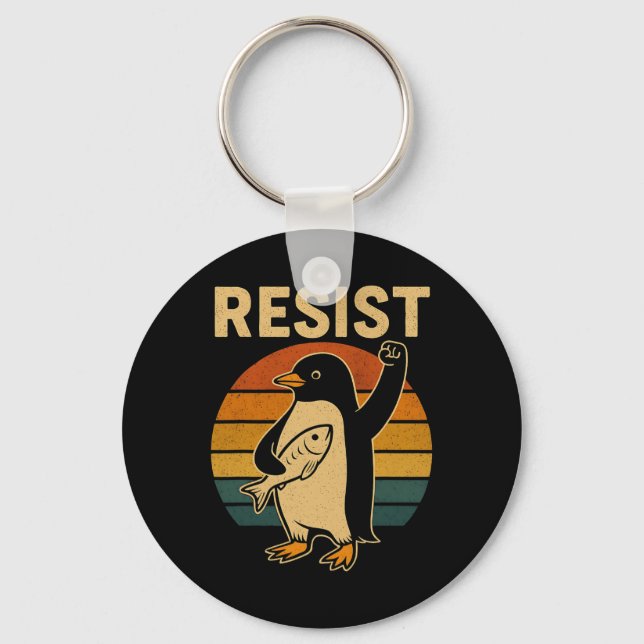 Chaveiro Pinguim Engraçado Resiste Pinguins em Protesto Con (Frente)