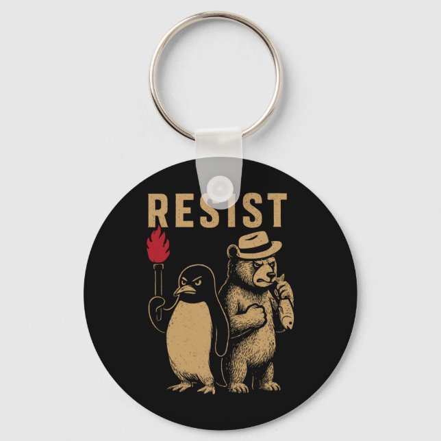 Chaveiro Pinguim Engraçado Resiste Pinguins em Protesto Con (Frente)