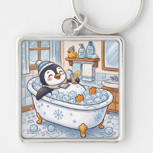 Chaveiro Pinguim Feliz de Desenho Animado Fofo Tomando Banh