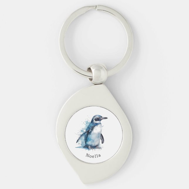 Chaveiro Pinguim Watercolor Ártico Azul, personalizado  (Frente)