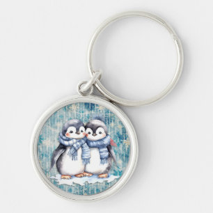 Chaveiro Pinguins de Aquarela Azul-Inverno com Escarpas