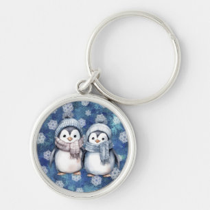Chaveiro Pinguins de Aquarela Azul-Inverno Escarpando Chapé