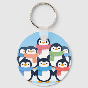 Chaveiro Pinguins Fofos Abraço em Grupo com Cachecóis de In
