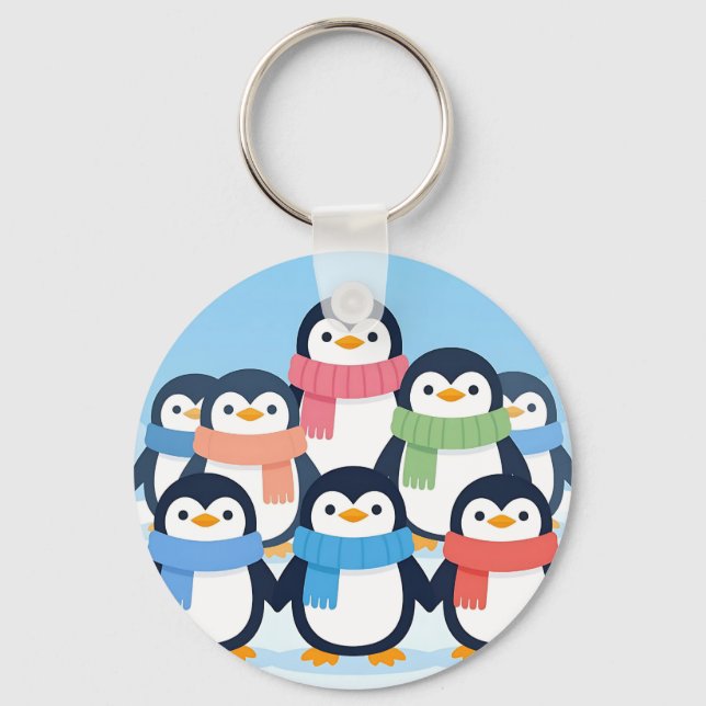 Chaveiro Pinguins Fofos Abraço em Grupo com Cachecóis de In (Frente)
