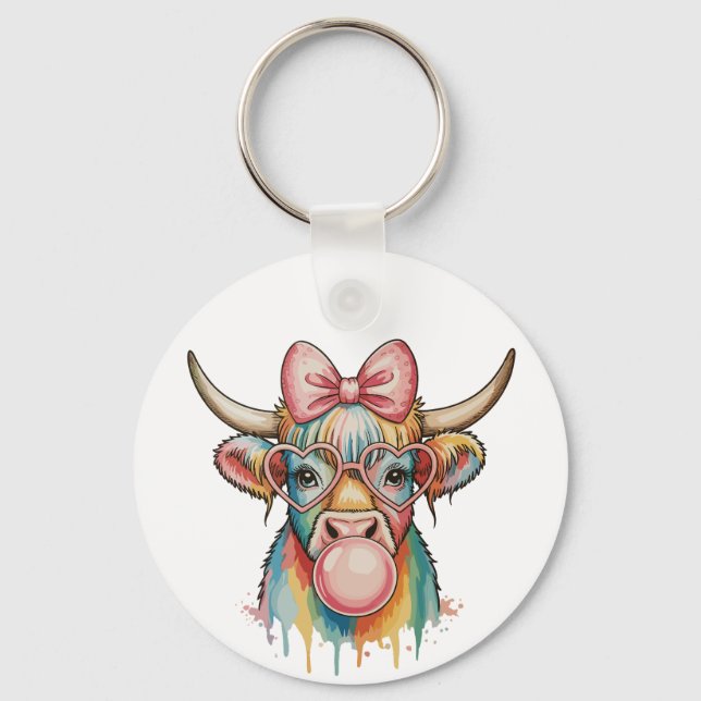 Chaveiro Pink Coquette Bow Highland Cow Bubblegum (Frente)