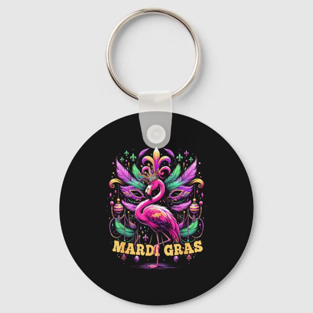 Chaveiro Pink Flamingo Mardi Gras Crown And Beads Mask Carn (Frente)