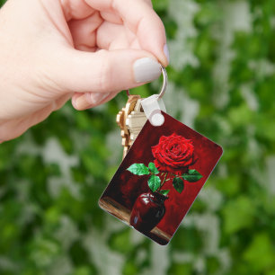Chaveiro Pintura de Flor de Rosa Vermelha