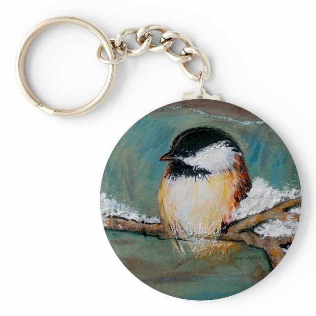 Chaveiro Pintura de pássaro de frango-de-inverno (Cute Chickadee Bird Art keychain from Jenn's Emporium. )