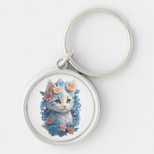 Chaveiro Pintura em aquarela de gato fofo com respingos flo