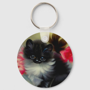 Chaveiro Pintura Vintage de Gatinho Preto e Branco