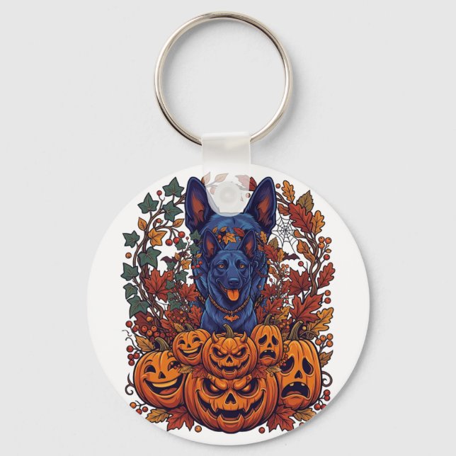 Chaveiro Pitbull Azul Abóboras de Halloween Folhas de Outon (Frente)