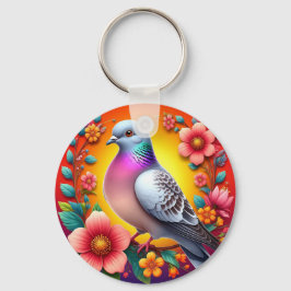 Chaveiro Pombo Colorido Cercado por Flores Vibrantes