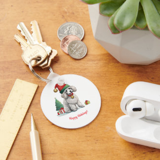Chaveiro Poodle bonito com chapéu de Natal