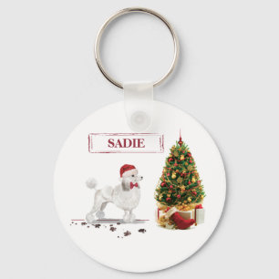 Chaveiro Poodle Branco Cachorro de Natal Engraçado com Árvo