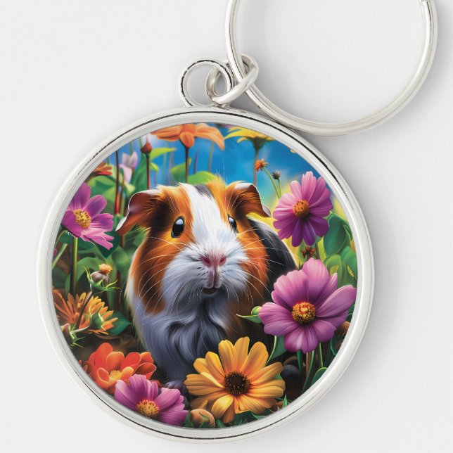 Chaveiro Porco-guineense entre flores vibrantes (Frente)