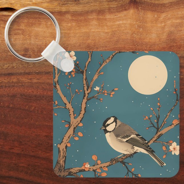 Chaveiro Porte-clés Moonlit Bird on Blossom Branch (Frente)