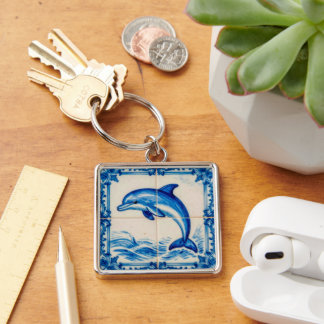 Chaveiro Portugal Azulejo Dolphin Ceramic Tile Style Keycha