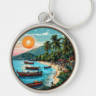 Chaveiro Praia Tropical com Barcos e Palmeiras