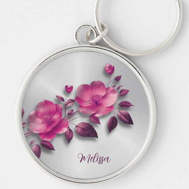 Chaveiro Prata de Flor Metálico Rosa Brilhante (Frente)