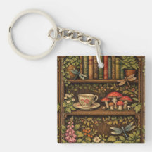 Prateleira de livros retrô cogumelos floral café 