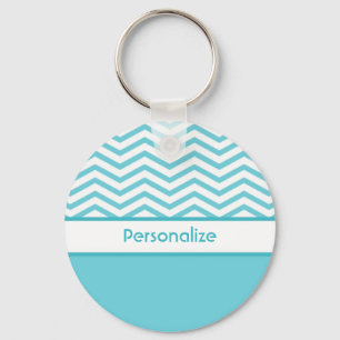 Chaveiro Preppy Aqua Blue e White Chevrons com nome