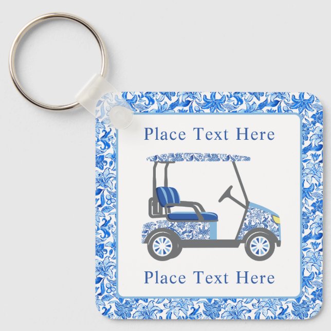 Chaveiro Preppy Blue and White Flowers Golf Cart (Frente)