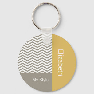 Chaveiro Preppy Cinza Chevron Yellow Geométrico Com Nome