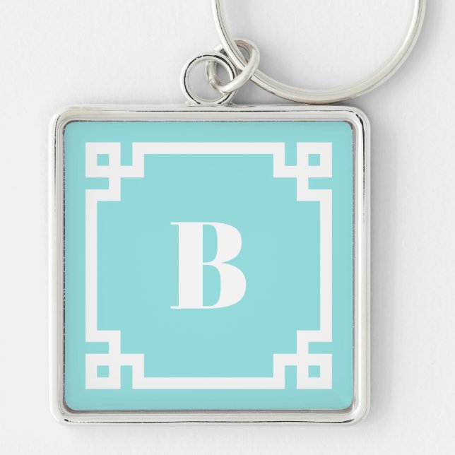 Chaveiro Preppy Square Greek Key Border Aqua Blue Monogram (Frente)