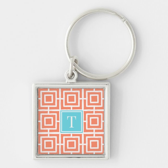 Chaveiro Preppy Square Lattice Monogram - Coral & Turquoise (Frente)
