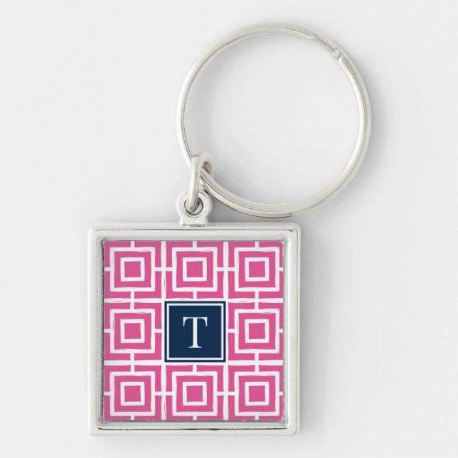 Chaveiro Preppy Square Lattice Monogram - Hot Pink & Navy (Frente)