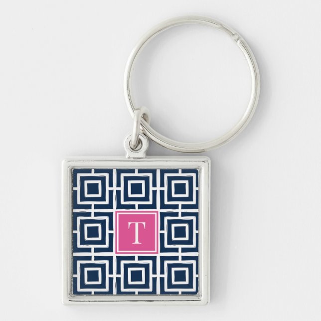 Chaveiro Preppy Square Lattice Monogram  - Navy & Hot Pink (Frente)