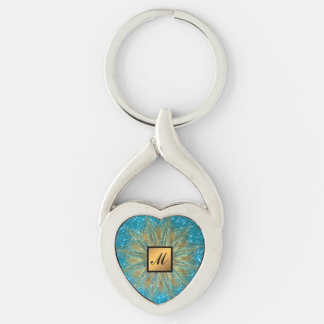 Chaveiro Presente Dourado Azul De Luxo Com Leve Monograma (Frente)