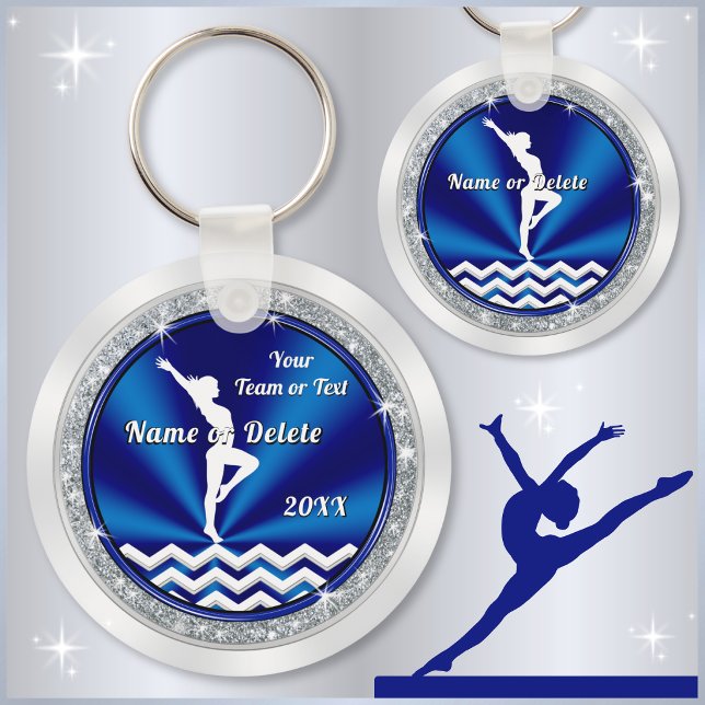 Chaveiro Presentes de ginástica personalizados azuis para a (Gymnastics Party Favors. Blue, white, silver, gymnastics keychains. Gift ideas for gymnastics team.)