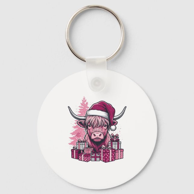 Chaveiro Presentes de Natal da Vaca de Terras Altas Rosa Ar (Frente)