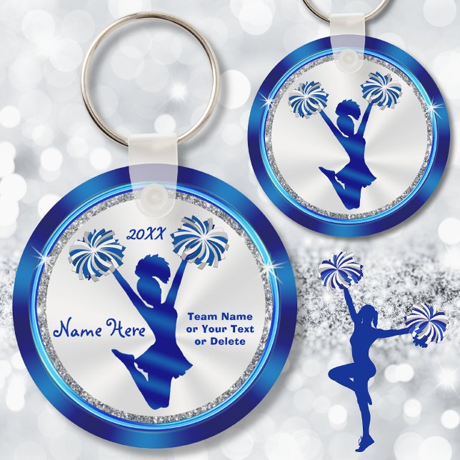 Chaveiro Presentes personalizados de azul e branco menos de (Cheerleading banquet ideas. Cheerleader party Favors. Personalized cheerleading keychains.)