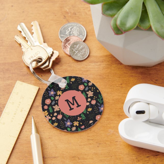 Chaveiro Pretty Modern Dark Floral Pattern Monogram (Mesa)