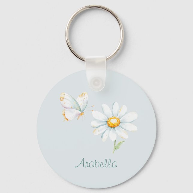 Chaveiro Pretty Pastel Watercolor Butterfly and Daisy (Frente)