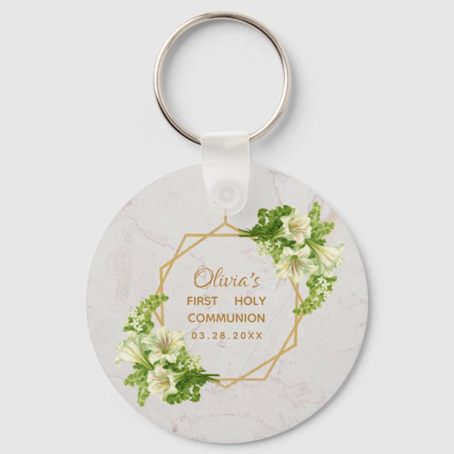 Chaveiro Primeira Comunhão Flores Mármore Dourado Lírios Br (Frente)