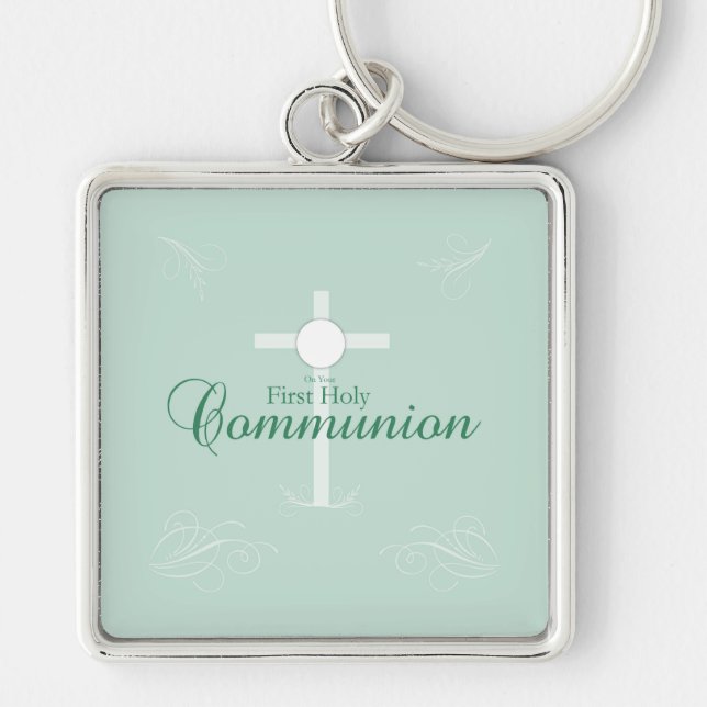 Chaveiro Primeira Comunhão Sagrada, Script em Verde Suave (Frente)