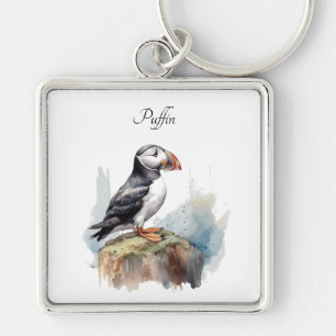 Chaveiro Puffin bonito em uma rocha em aquarela