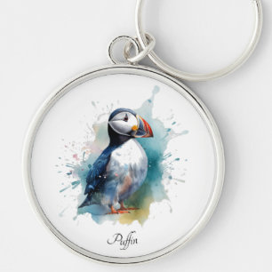 Chaveiro Puffin branco em cor azul-d'água, personalizável