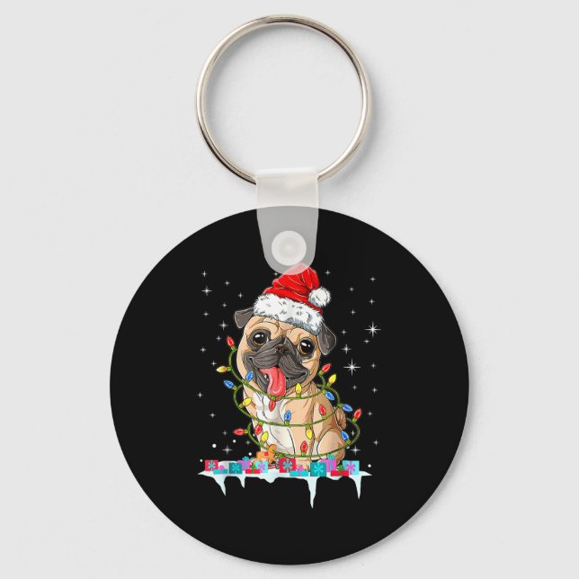 Chaveiro Pug Christmas Tree Lights Santa Dog Xmas  (Frente)