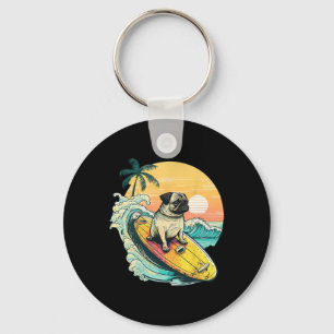 Chaveiro Pug Engraçado Surfando na Praia Amante de Animais