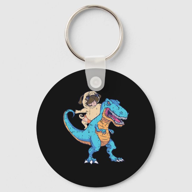 Chaveiro Pug Montando T-rex Surfando Dinossauro Amante de C (Frente)