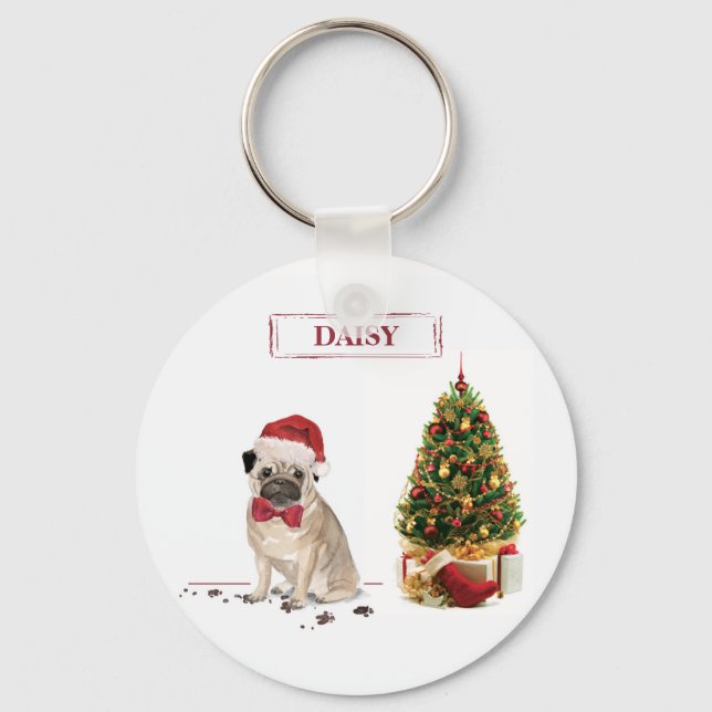 Chaveiro Pug Natal Divertido Cachorro com Árvore (Frente)