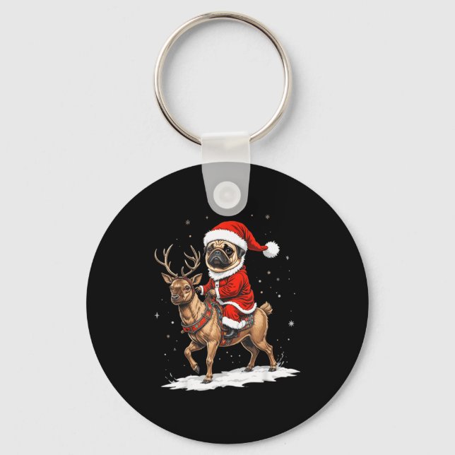 Chaveiro Pug Santa Riding Reindeer Christmas Holiday Puppy  (Frente)