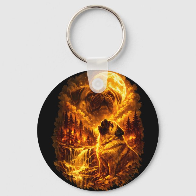 Chaveiro Pug uivando para a lua dramático lua cheia  (Frente)