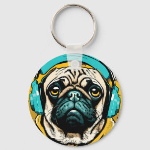 Chaveiro Pug vestindo fones de ouvido
